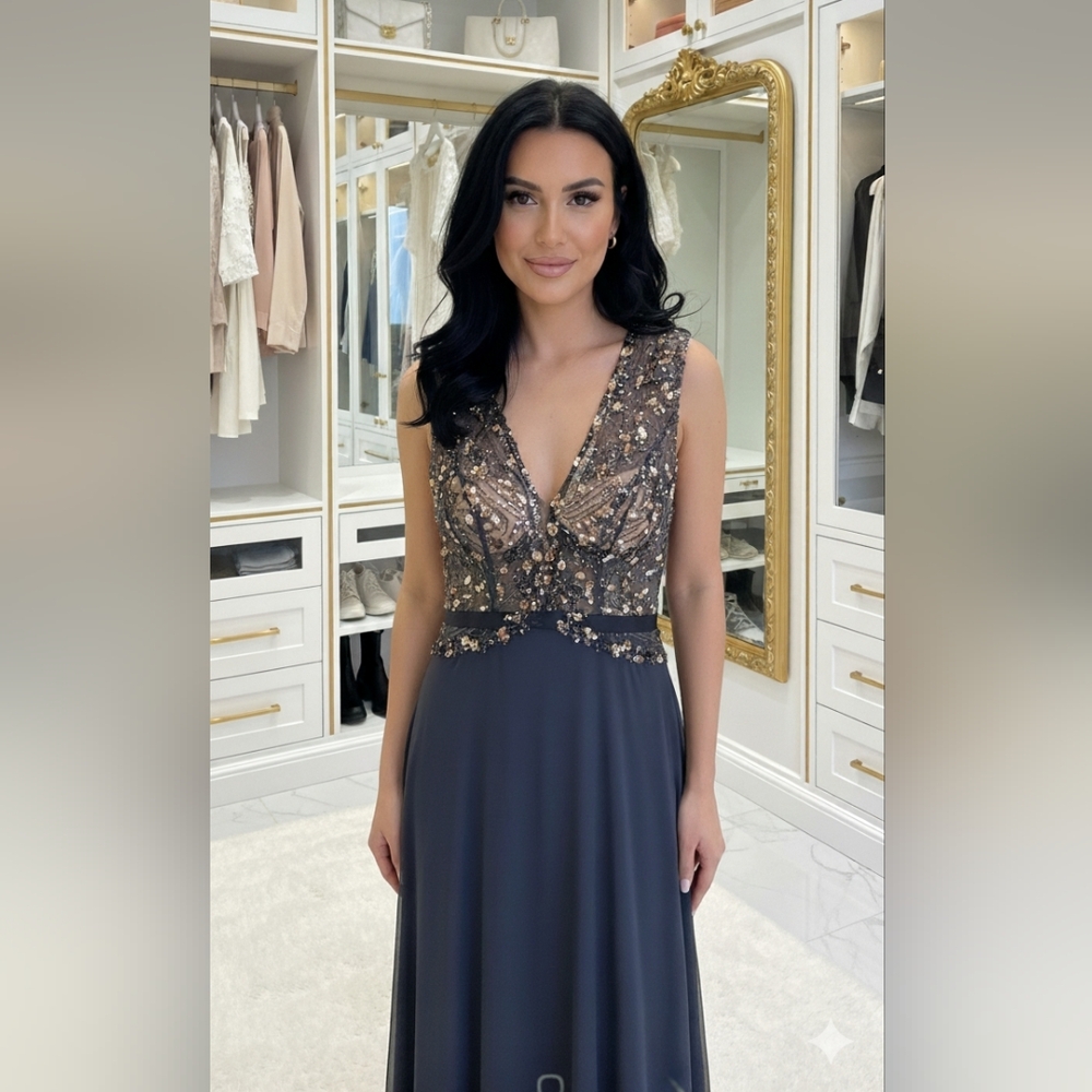 NEW Amelia LONG SLEEVELESS bodycon GOWN WITH V-NECKLINE EMBROIDERED